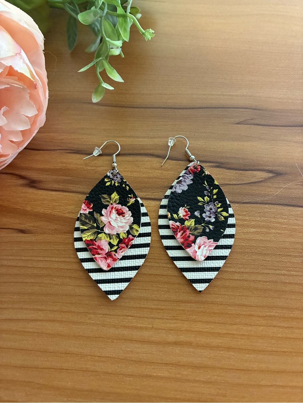 Floral Black & White Striped Layered Leaf Earrings